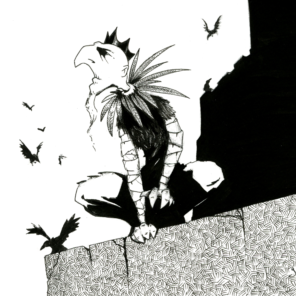 Dessin fantasy en noir et blanc. Un Roi à l'air maussade est agenouillé en haut des remparts d'un château dont on voit la silhouette noire en arrière-plan. Son nez est crochu, ses doigts ressemblent à des serres pointues. Il est vêtu d'une tenue avec une collerette de plumes, Des corbeaux volent tout autour. - Artiste : Guillaume Lehericey (Lupin de Garenne)