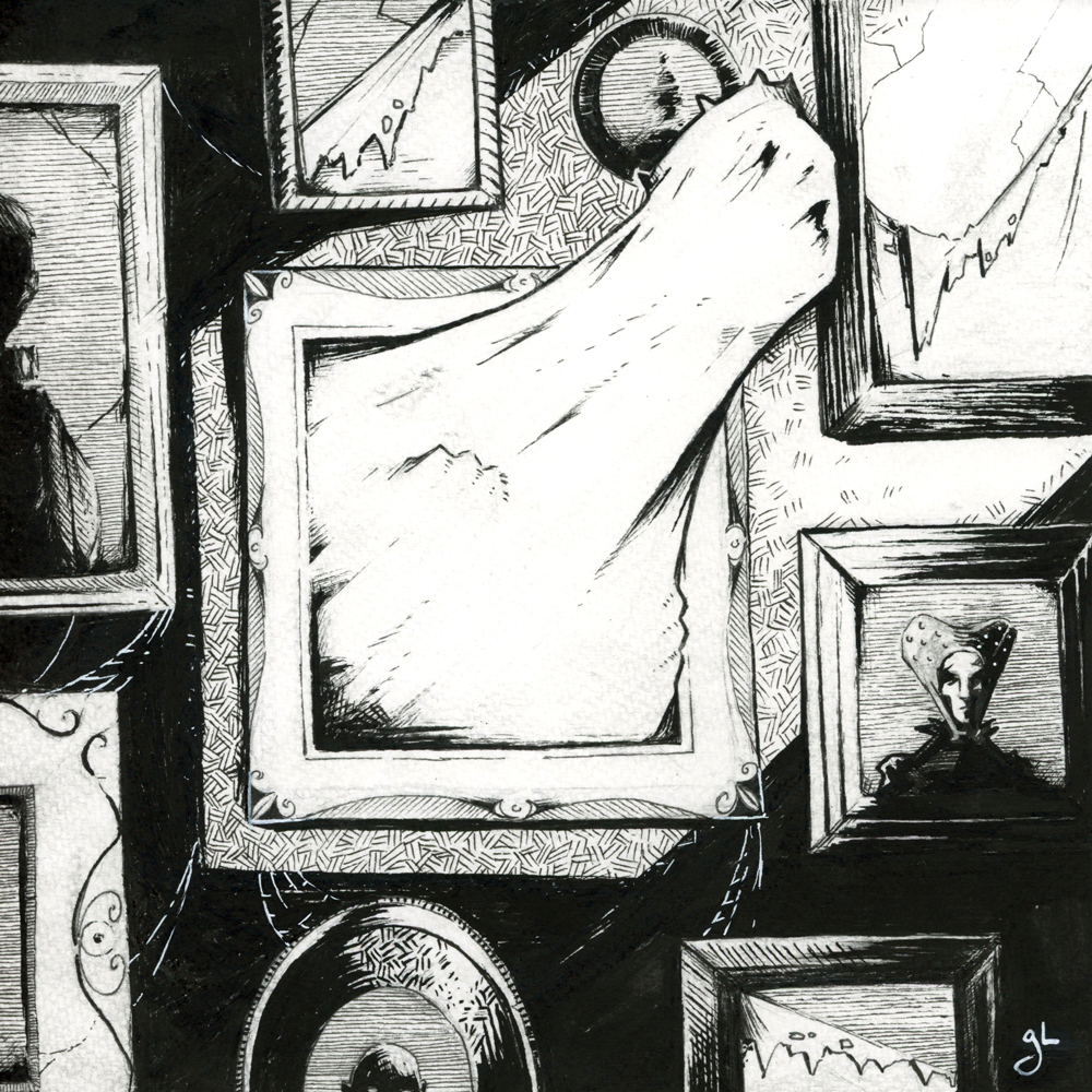 Dessin fantasy en noir et blanc. Une galerie de portraits en peinture entourent un cadre dont émerge la silhouette d'un Roi emprisonné dans un tableau, qui semble crier son désespoir. - Artiste : Guillaume Lehericey (Lupin de Garenne)