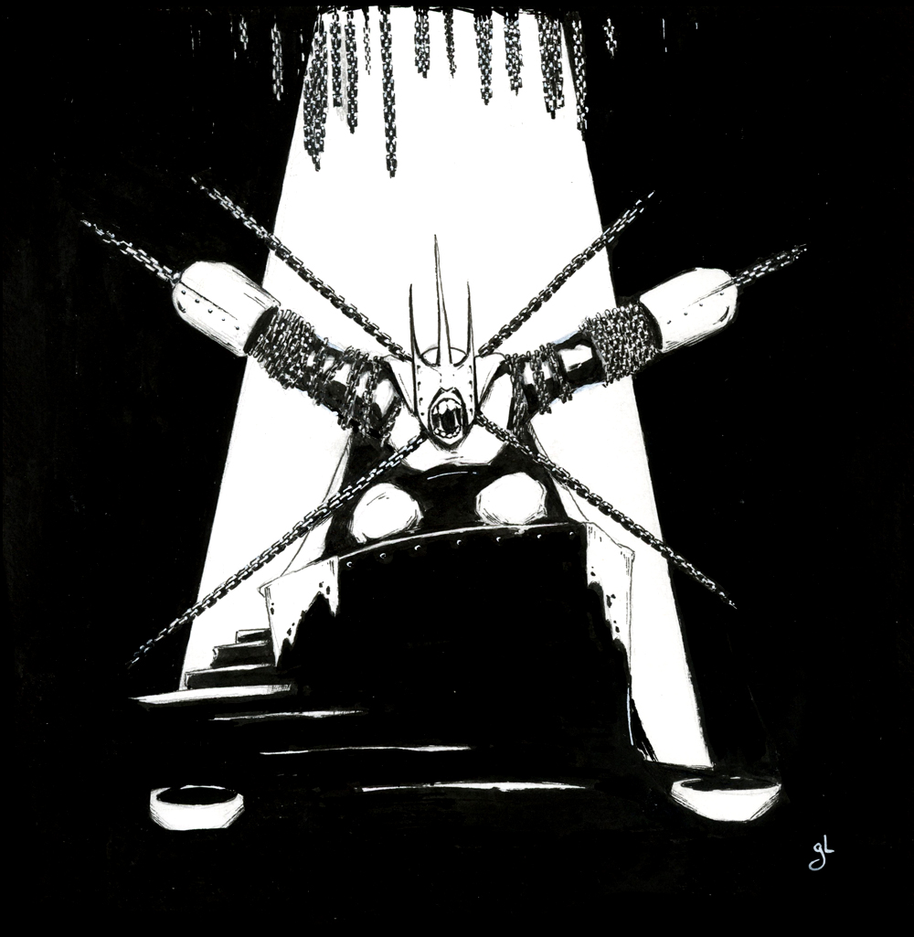 Dessin fantasy en noir et blanc. Un Roi à la carrure imposante est couvert de chaînes qui le maintiennent à genoux, sous un rayon de lumière qui perce l'obscurité environnante. son visage est couvert d'un masque hérissé de trois pointes qui ne laisse entrevoir qu'une bouche hurlante. - Artiste : Guillaume Lehericey (Lupin de Garenne)