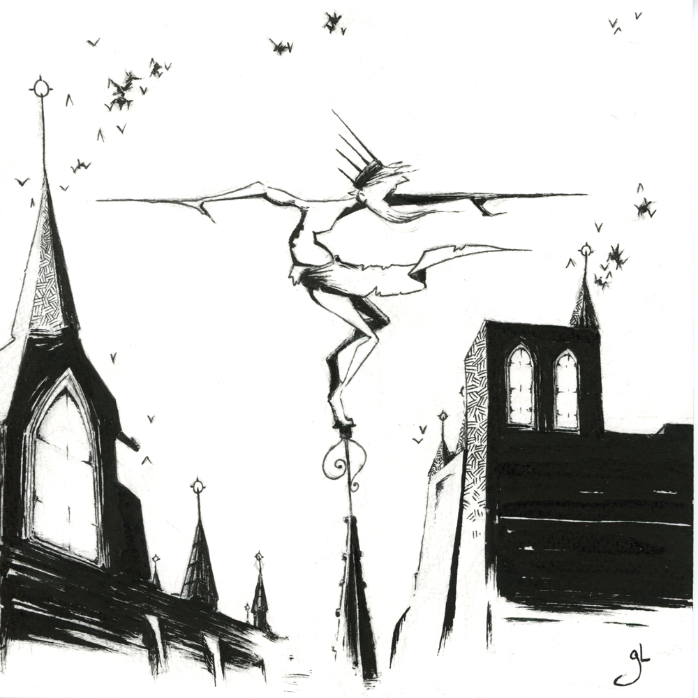 Dessin fantasy en noir et blanc. Un Roi, vêtu uniquement d'un pagne, et dont les mains se terminent par deux longues pointes en guise de doigts, se tient en équilibre en haut d'un toit pointu et semble imiter une girouette. - Artiste : Guillaume Lehericey (Lupin de Garenne)