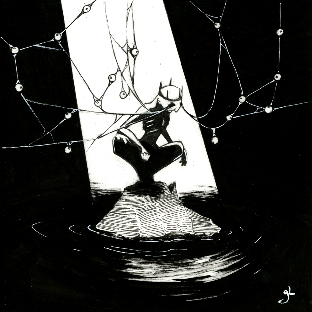 Dessin fantasy en noir et blanc. Un Roi maigre se tient agenouillé sur un rocher entouré d'eau noirâtre, sous un rayon de lumière. de ses orbites vides partent comme des fils qui partent dans plusieurs directions vers le haut, et auxquels sont accrochés de multiples yeux. - Artiste : Guillaume Lehericey (Lupin de Garenne)
