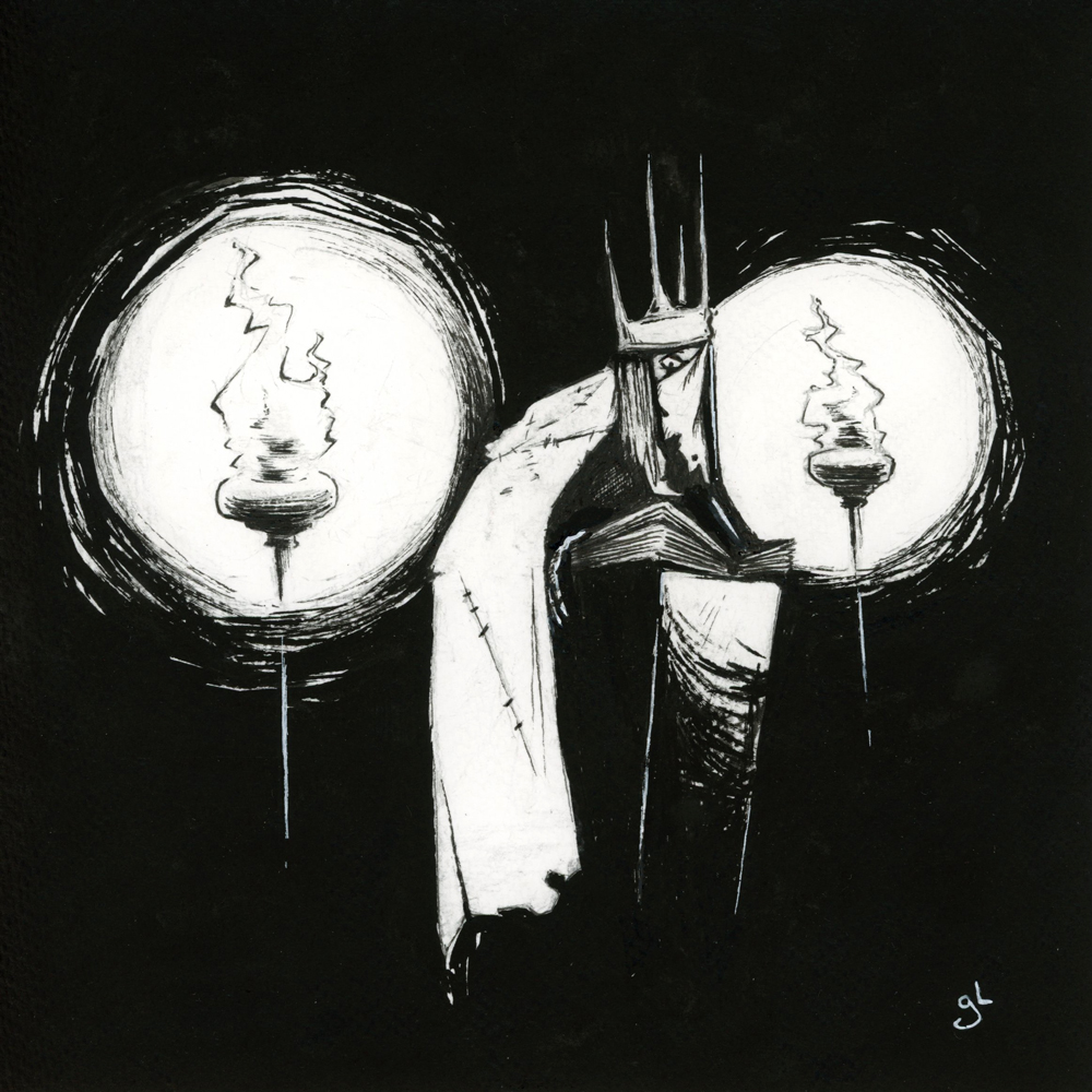 Dessin fantasy en noir et blanc. Un Roi vêtu d'une cape rapiécée se tient devant un pupitre en pierre sur lequel est posé un livre ouvert. Son visage est masqué par un bout de tissu qui ne laisse entrevoir qu'un œil. Il est entouré par deux flambeaux allumés. - Artiste : Guillaume Lehericey (Lupin de Garenne)