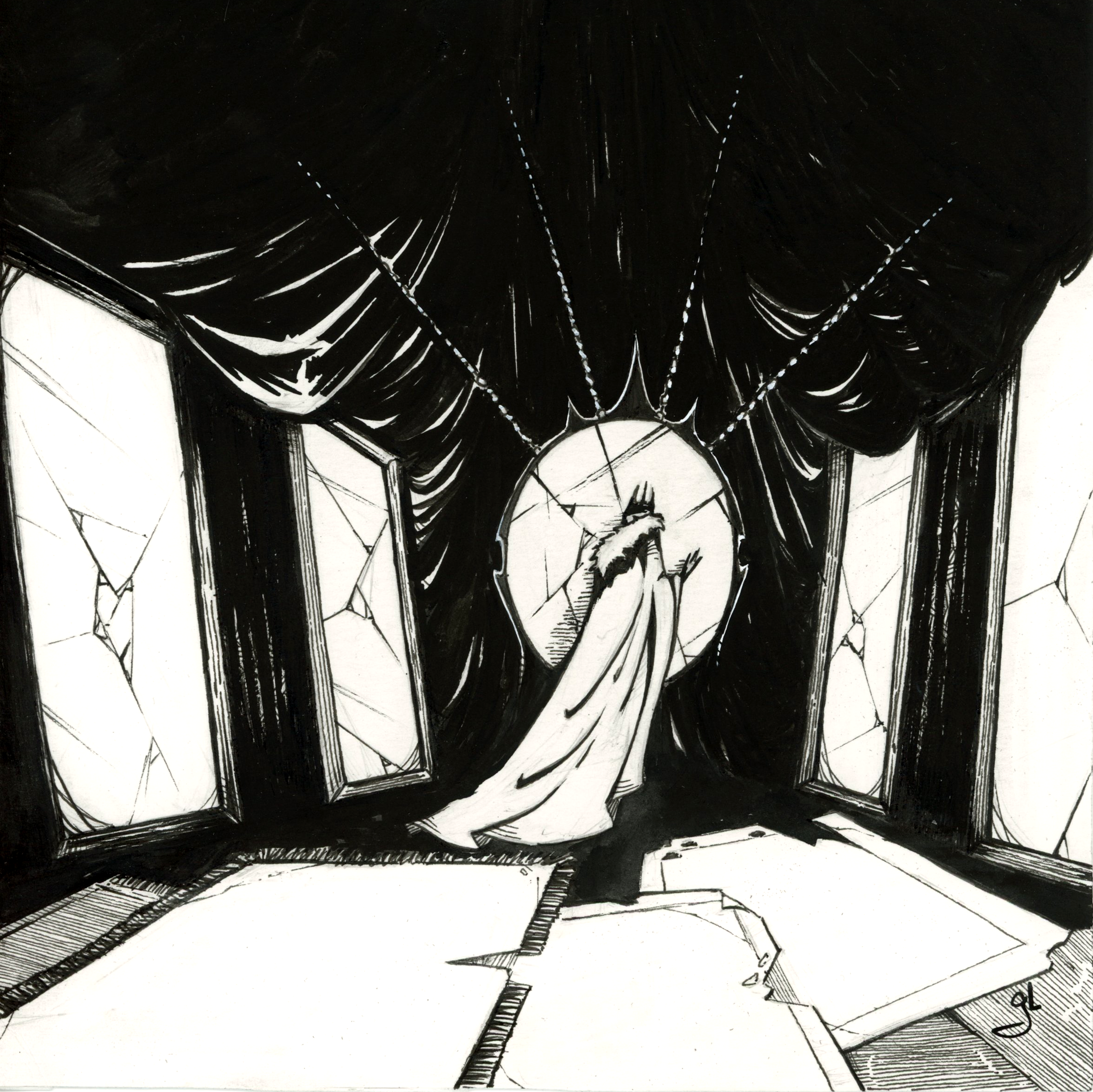 Dessin fantasy en noir et blanc. Un Roi de dos, vêtu d'une longue cape avec un col de fourrure, se tient debout dans une pièce entourée de miroirs en pieds brisés. - Artiste : Guillaume Lehericey (Lupin de Garenne)