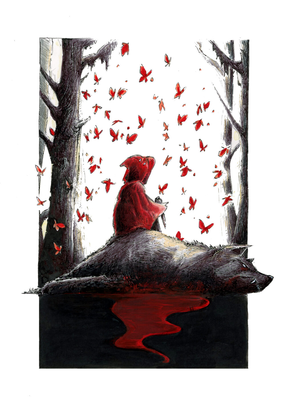 Illustration plume et encre du Petit Chaperon Rouge assis sur le corps ensanglanté du loup. Il tient une dague, et se trouve entouré d'une nuée de papillons rouges - Artiste : Guillaume Lehericey (Lupin de Garenne)