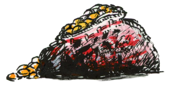 Dessin d'un sac ouvert contenant des pièces d'or - Plume et Encre - Artiste : Guillaume Lehericey (Lupin de Garenne)