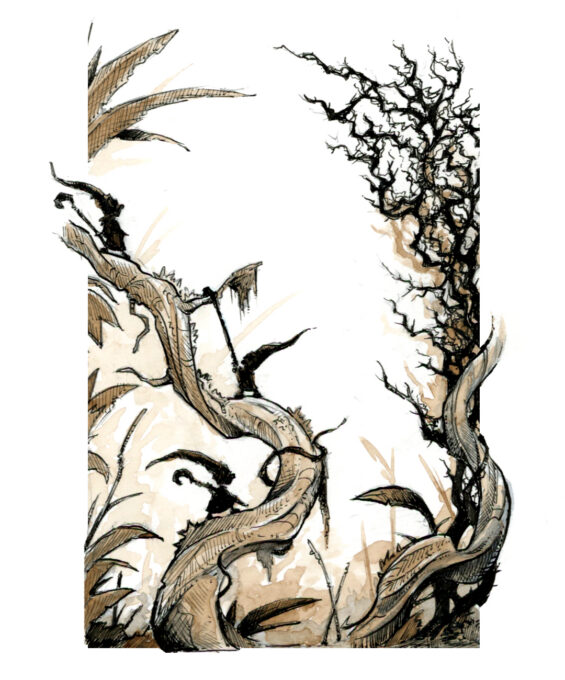 Dessin fantasy de gnomes en pleine excursion dans un monde de racines - inspiration univers de jeu de rôle - artiste : Guillaume Lehericey (Lupin de Garenne)