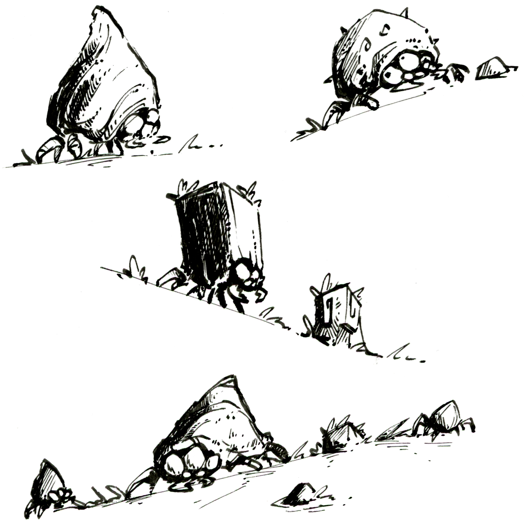 Planche de dessins à la plumeprésentant des bestioles dans le monde fantasy de Dungeon Magnets - Dessin traditionnel à l'encre, inspiration jeu de rôle - Artiste : Guillaume Lehericey (Lupin de Garenne)