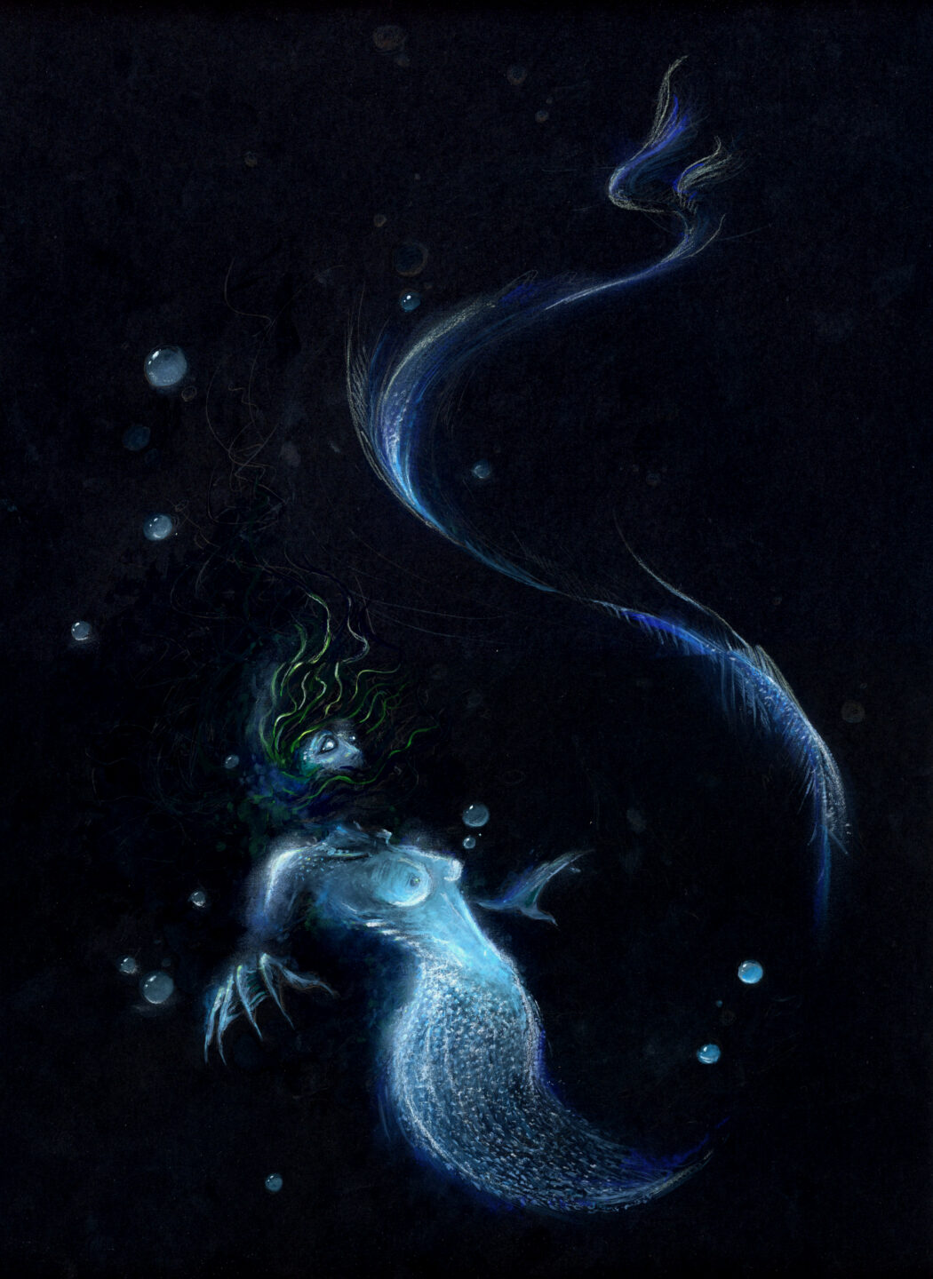 Peinture à l'acrylique sur papier noir d'une sirène nageant dans les abysses. - Artiste : Guillaume Lehericey (Lupin de Garenne)