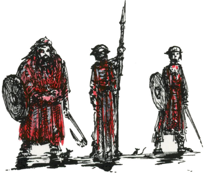 Illustration de trois soldats en armes. Le premier tient une hache et un bouclier, le second une lance et le troisième une épée et un bouclier. Dessin dans un style Dark Fantasy avec une inspiration Jeu de Rôle - Plume et Encre - Artiste : Guillaume Lehericey (Lupin de Garenne)
