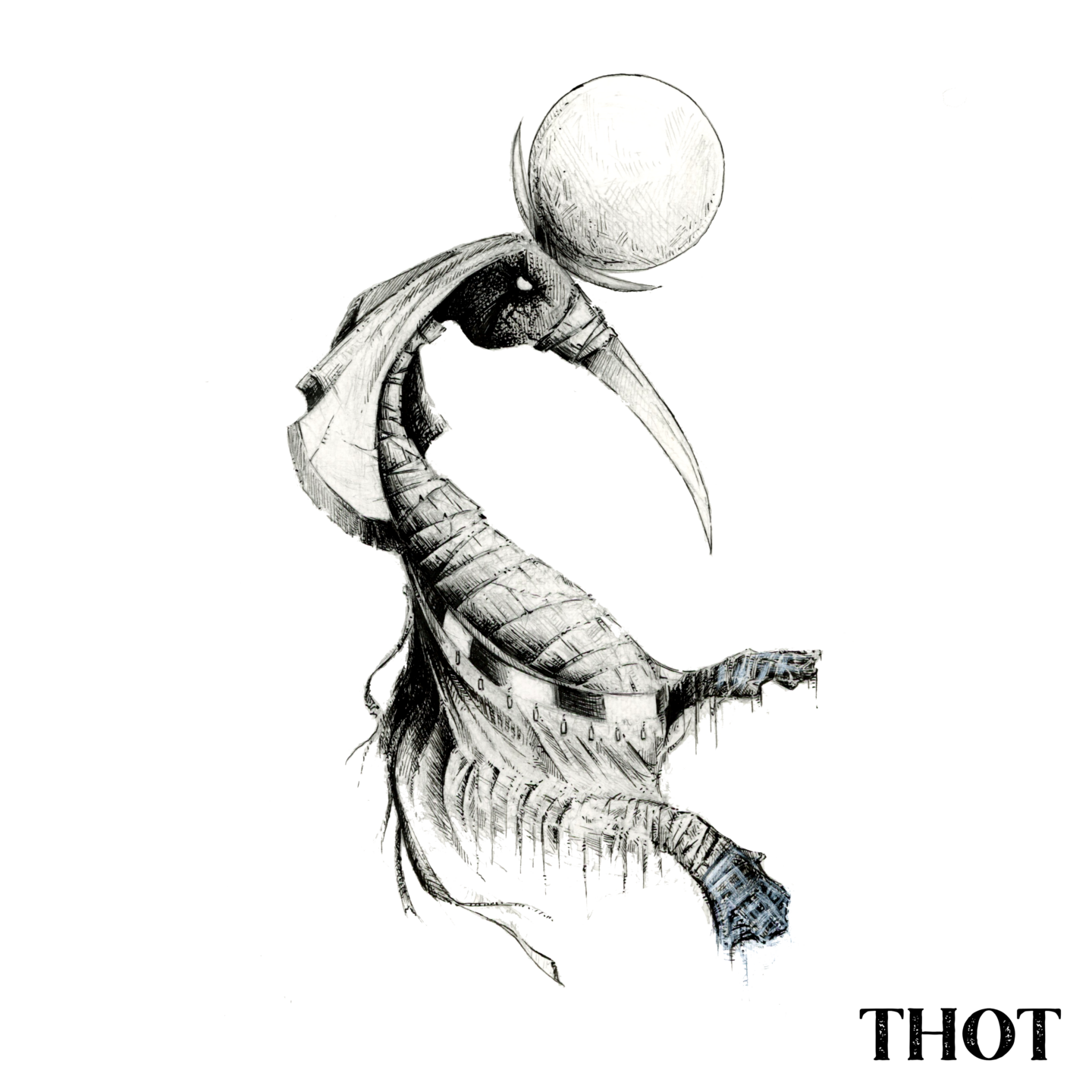 Illustration noir et blanc à la plume du dieu égyptien Thot - Artiste : Guillaume Lehericey (Lupin de Garenne)