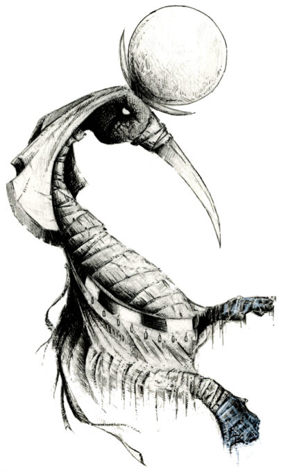 Illustration noir et blanc à la plume du dieu égyptien Thot - artiste : Guillaume Lehericey (Lupin de Garenne)