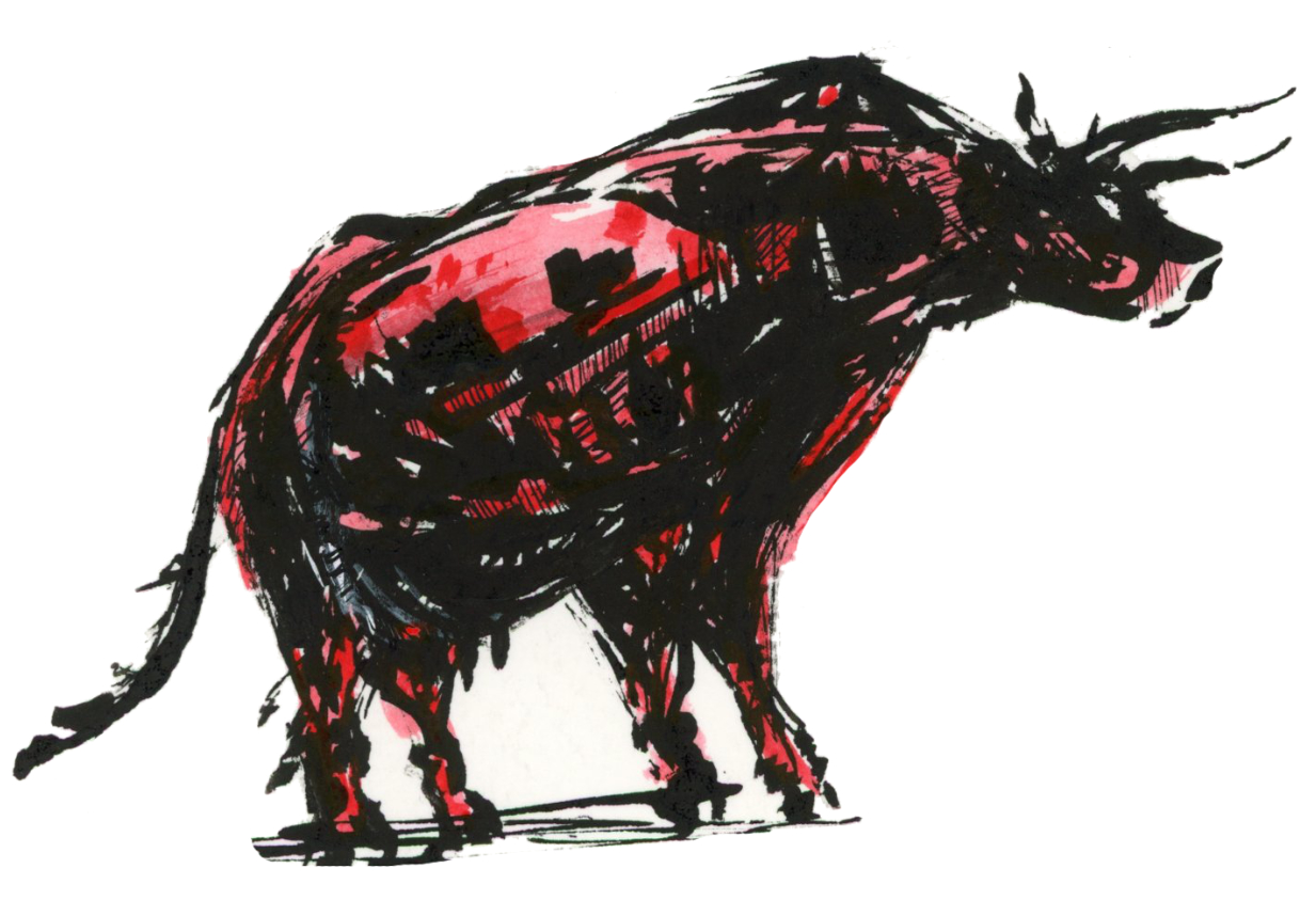 Dessin d'une vache dans un style Dark Fantasy avec une inspiration Jeu de Rôle - Plume et Encre - Artiste : Guillaume Lehericey (Lupin de Garenne)