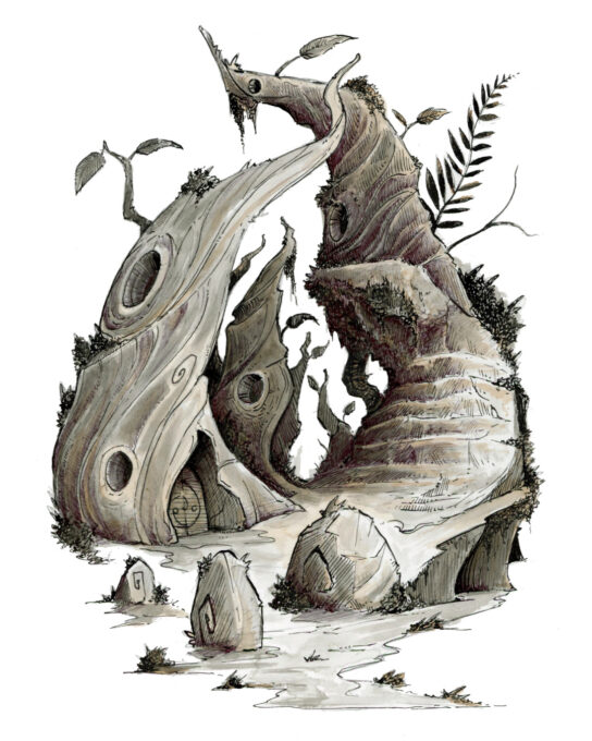 Dessin fantasy d'un village perdu gnome (kolbs) - inspiration JDR - artiste : Guillaume Lehericey (Lupin de Garenne)