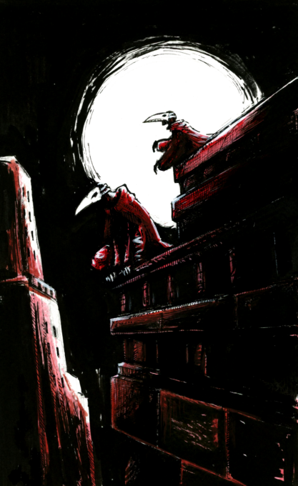Illustration de deux voleurs agenouillés sur le toit d'un bâtiment, devant un ciel noir qu'éclaire une grande lune blanche. Ils portent chacun un masque en forme de bec et des capes rouges. Une tour rouge apparaît dans le fond. Dessin dans un style Dark Fantasy avec une inspiration Jeu de Rôle - Plume et Encre - Artiste : Guillaume Lehericey (Lupin de Garenne)