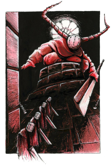 Illustration d'un démon avec deux grandes cornes et portant une sorte de lame large dans sa main droite. Il est dans une pièce qu'on devine être l'intérieur d'une sorte de grande église, avec une rosace au fond derrière lui. Assis sur une sorte de piedestal circulaire en pierre, il se tient devant une file de guerriers tous semblables, au premier plans, qui tiennent des épées à deux mains et portent un lourd heaume. Dessin dans un style Dark Fantasy avec une inspiration Jeu de Rôle - Plume et Encre - Artiste : Guillaume Lehericey (Lupin de Garenne)